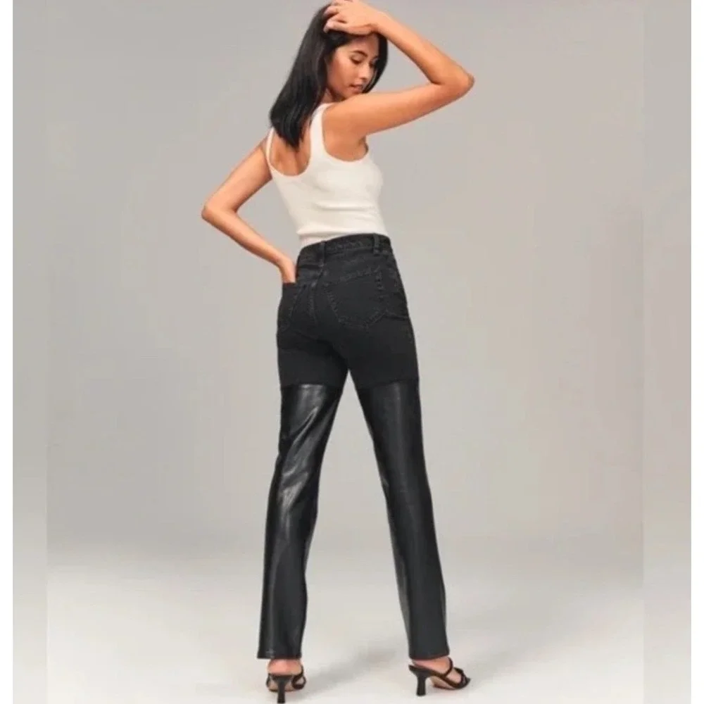 Abercrombie Fitch 90s Straight Ultra High Rise Black Denim Leather Panel Pants - Picture 2 of 6